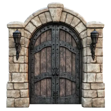 an old wooden door with a stone arch