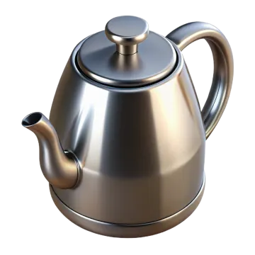 a silver teapot with a metal handle