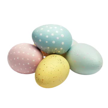 a pile of painted eggs on a white background