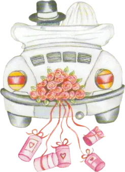 a wedding car with roses and shoes