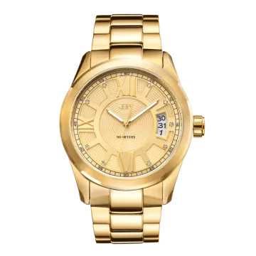 a gold watch on a white background