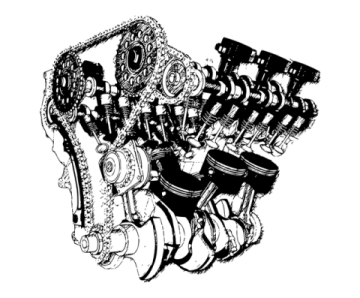 a black and white drawing of an engine