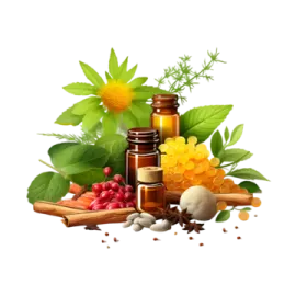 a bottle of essential oil surrounded by herbs and spices