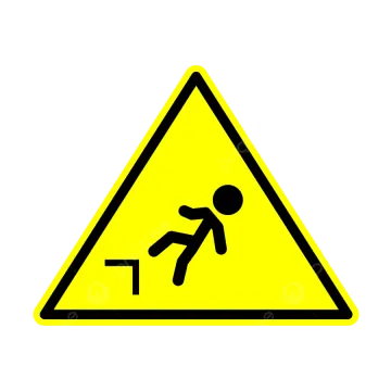 a yellow warning sign with a man falling down the stairs