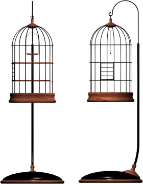 a bird cage on a stand with two birds inside
