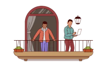 a man and woman standing on the balcony of their house