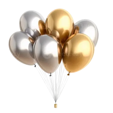 a bunch of gold and silver balloons