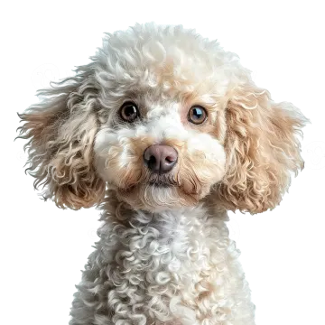 a white and brown dog with curly hair