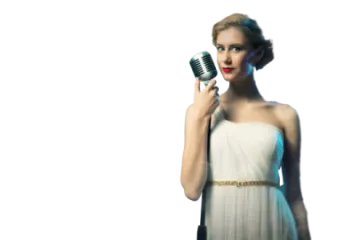 a woman in a white dress holding a microphone