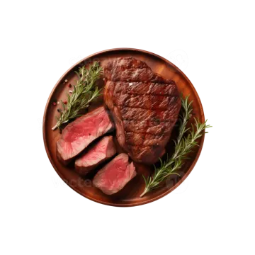 a plate of steak with rosemary on it