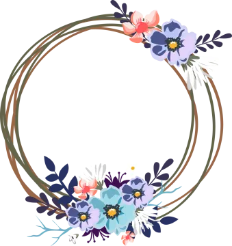 a floral wreath with blue and pink flowers