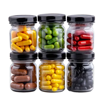 a set of four glass jars filled with jelly beans