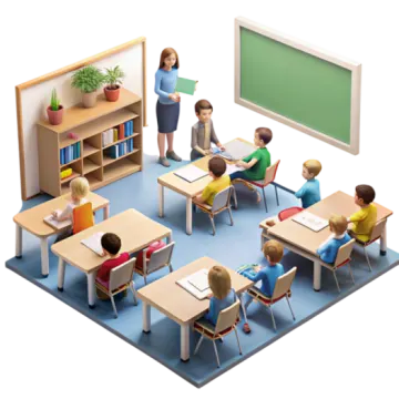 a group of children sitting at desks in a classroom
