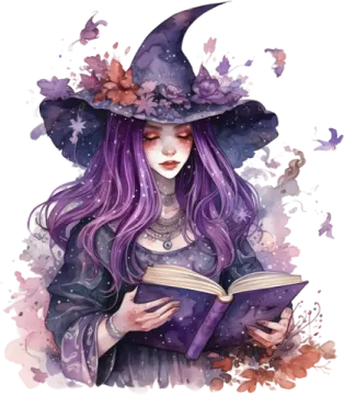 an illustration of a witch reading a book