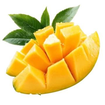 a piece of mango with leaves on it