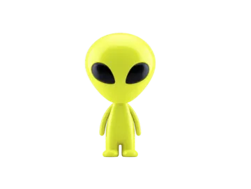 a small yellow alien with black eyes and a black nose