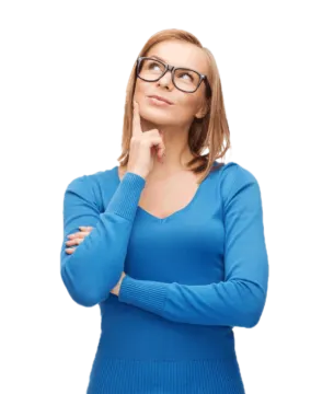 a woman wearing glasses and looking up with her hand on her chin