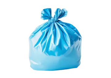 a blue trash bag on a white background