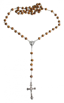 a rosary with wooden beads and a silver cross