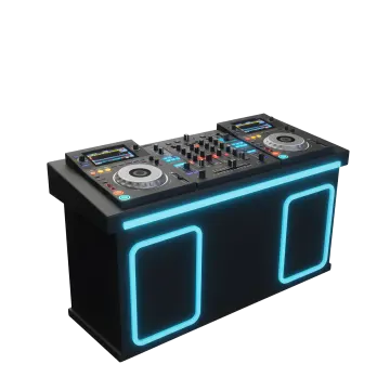 a black and blue light up dj station