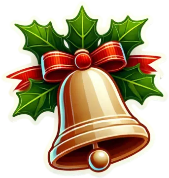 a christmas bell with holly and red ribbon