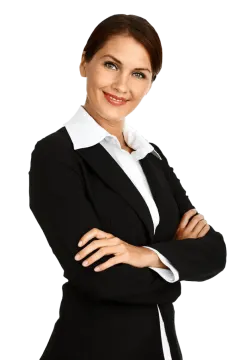a woman in a suit with her arms crossed