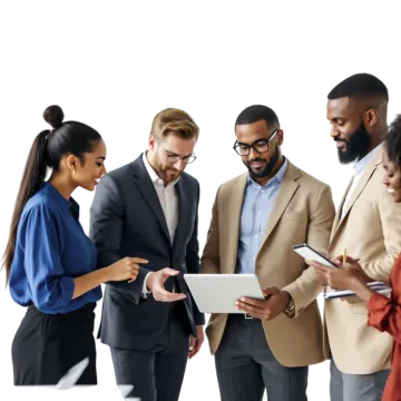 a group of business people looking at a tablet