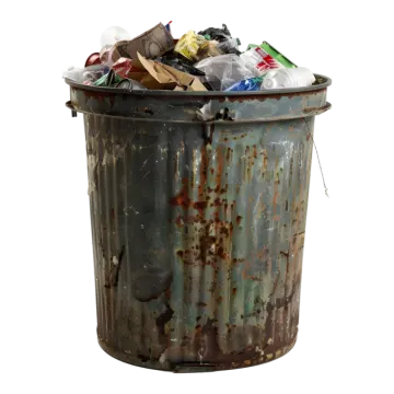 a metal trash can filled with garbage