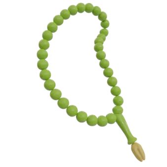 a green beaded necklace with a wooden handle