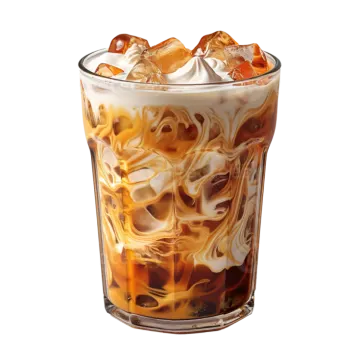 a tall glass of iced coffee with ice