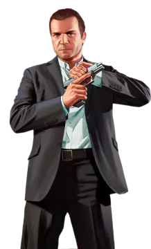 a man in a suit holding a gun