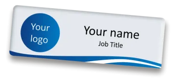 a blue and white business name tag
