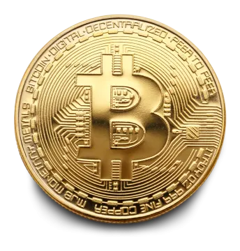 a gold bit coin on a white background