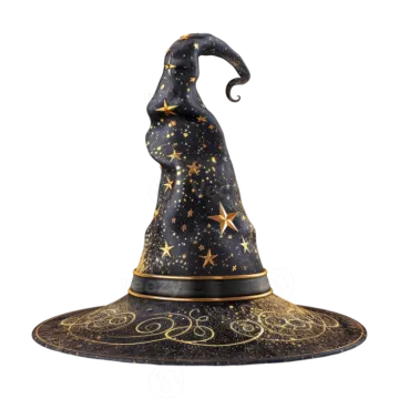 a black witch hat with gold stars on it