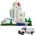 a white van parked in front of a hospital