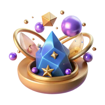 a blue star surrounded by gold and purple balls
