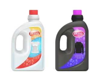 two bottles of liquid and a bottle of deter
