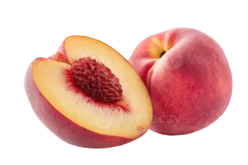 two peaches cut in half on white background