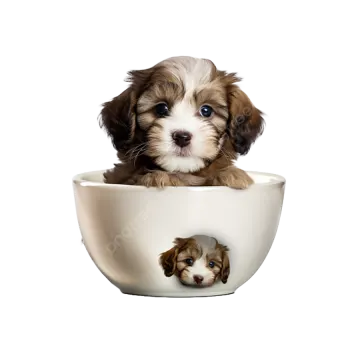a small dog sitting in a white bowl