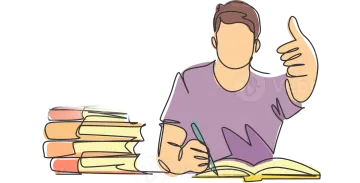 a man sitting at a table with books and pointing his finger up
