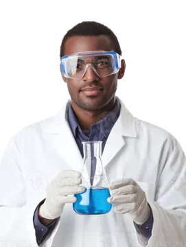 a man in a lab coat and goggles holding a test tube