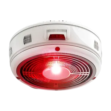 a white smoke detector with red light on it