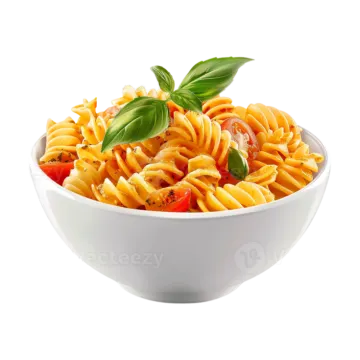 a bowl of pasta with tomatoes and basil leaves