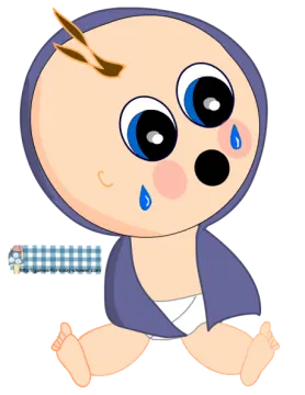 a cartoon baby with blue eyes and brown hair