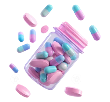 a glass jar filled with colorful pills