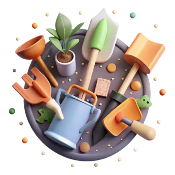 an illustration of gardening tools on a plate