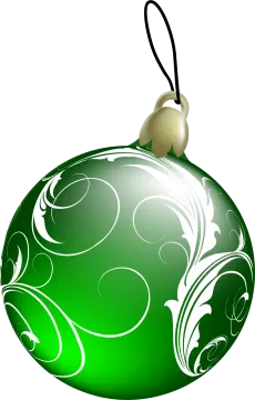 a green christmas ball with swirly designs on it