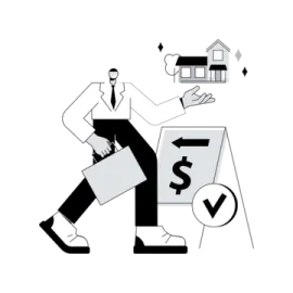 a man in a suit and tie carrying a box with a dollar sign