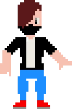 a pixel art of a man with red hair and blue pants