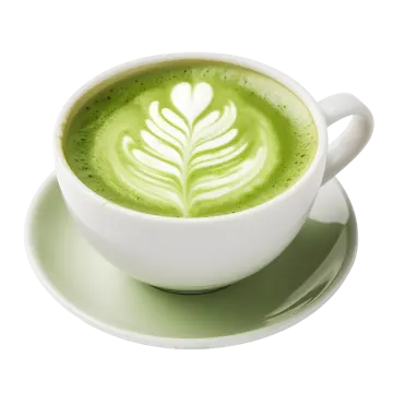 a cup of green coffee on a saucer